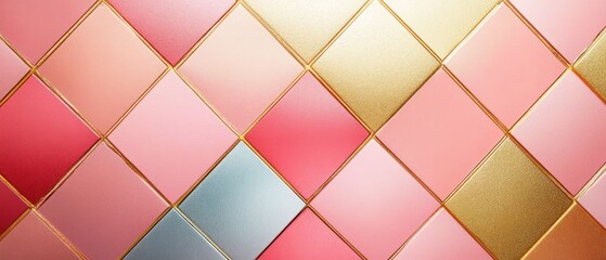 Close-up of metallic square tiles arranged in a diagonal pattern featuring shades of pink, red, gold, and blue with textured surfaces