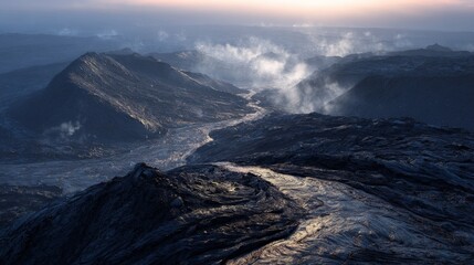 A vast, dark volcanic landscape with winding lava flows, steam rising under a soft, dusky sky