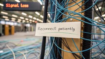 Disconnecting cables in an office environment with a sign stating 'Reconnect patiently' in blurry background setting.