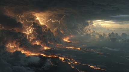 Fototapeta premium Epic vista of a volcanic eruption, lighting illuminating swirling clouds & lava flow, with a dramatic sunset in the distance