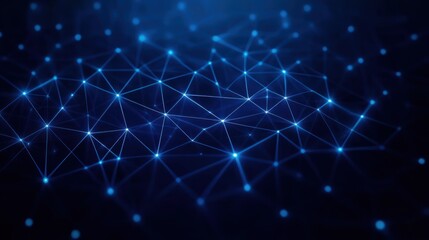 Blue glowing network of interconnected points and lines on dark background representing digital connections and data flow