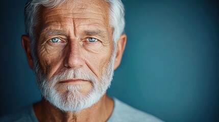 close-up of an elderly man with white hair and beard looking thoughtfully with blue eyes against a plain blue background