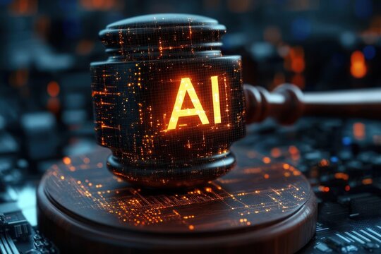 Wooden judge gavel glowing with digital orange circuitry and the letters AI on its head representing artificial intelligence and law technology interaction - Powered by Adobe