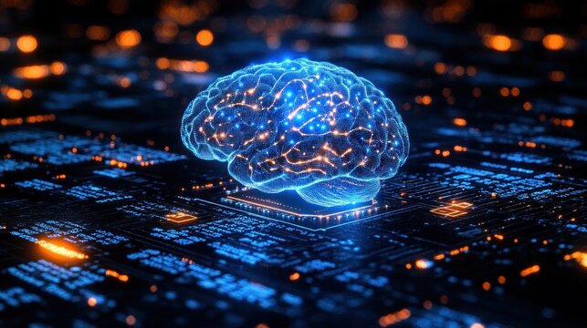 Glowing digital brain hologram above a futuristic circuit board emitting blue and orange lights representing artificial intelligence and technology