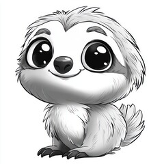 Naklejka premium cute cartoon baby sloth with big sparkling eyes and fluffy fur sitting and smiling happily