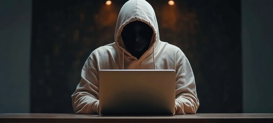 Person wearing a hooded sweatshirt and a dark mask working on a laptop in a dimly lit room, creating a mysterious and intense atmosphere