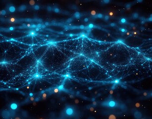 Fototapeta premium Glowing blue interconnected network nodes forming a complex web pattern on a dark background with scattered orange light particles