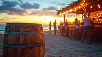 Wooden barrel on sandy beach with people relaxing at an outdoor bar illuminated by string lights during sunset