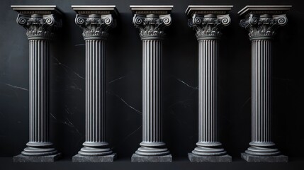 Five classical Corinthian-style stone columns with ornate capitals arranged evenly against a dark marble background, evoking a sense of elegance and stability