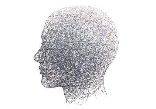 Abstract digital art of a human head profile composed of interconnected lines and dots, isolated on white background, representing artificial intelligence, neural network, or complex thought processes