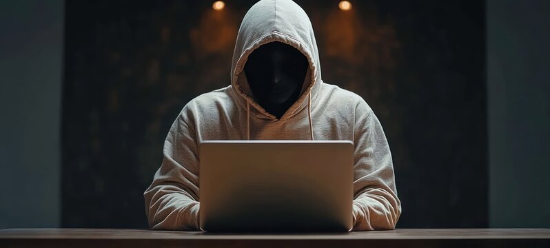 Person wearing a hooded sweatshirt and a dark mask working on a laptop in a dimly lit room, creating a mysterious and intense atmosphere