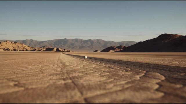 Isolated Striped Sphere on Arid Desert Ground with Long Shadow, Cinematic View of Desolate Landscape and Dry Earth