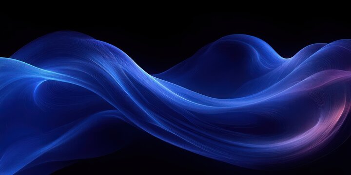 Abstract flowing blue and purple waves resembling smooth fabric or smoke against a black background, evoking a sense of calm and fluid motion