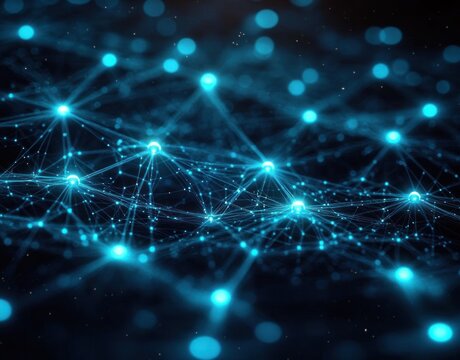 Glowing interconnected blue nodes and lines forming a dynamic network pattern on a dark background, symbolizing digital connections and data flow