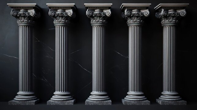 Five classical Corinthian-style stone columns with ornate capitals arranged evenly against a dark marble background, evoking a sense of elegance and stability
