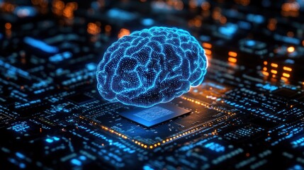 Glowing digital brain composed of blue dots hovering above a futuristic microchip on a dark electronic circuit board emitting orange and blue lights