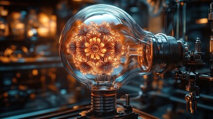Close-up of a glowing decorative flower-shaped filament inside a clear vintage-style light bulb with mechanical and industrial background