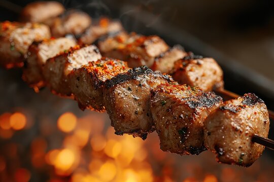 Close-up of skewered grilled meat cubes with spices sizzling over glowing charcoal fire, evoking a warm and appetizing barbecue atmosphere