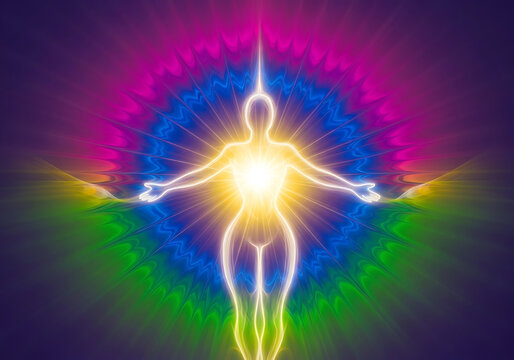 Vibrant spiritual artwork depicting a glowing human silhouette radiating energy with a colorful aura and halo, symbolizing enlightenment, healing, and divine connection