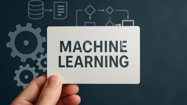 Hand Holding Card with MACHINE LEARNING Text Against Dark Background Featuring Gears, Flowcharts, and Data Diagrams Showcasing Technology Innovation