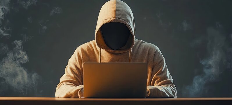 Faceless person wearing a hooded sweatshirt sitting at a desk working on a laptop surrounded by rising smoke in a dark environment