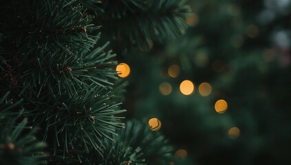 Fototapeta premium A serene and atmospheric close-up shot of dark green pine needles, subtly illuminated by soft, golden bokeh lights, creating a festive and abstract backdrop