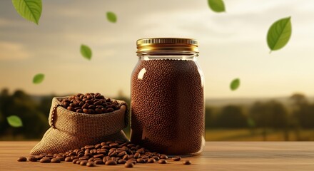 Aromatic coffee beans in a jar and burlap sack with green leaves falling