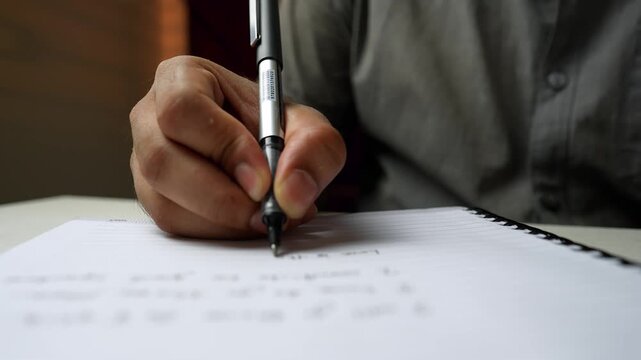 Person writing in a notebook with a pen, close-up view video shot
