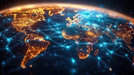 Glowing digital map of the Earth at night showing illuminated continents connected by bright blue network lines symbolizing global communication and technology