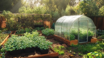 Sunlit garden with a clear greenhouse and multiple raised beds filled with green leafy plants surrounded by wooden fencing and trees