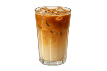 Iced coffee with milk in tall glass refreshing drink preparing for a cool summer beverage with layered colors