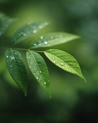 Fototapeta premium Raindrops on green leaves nature close-up fresh environment tranquil viewpoint botanical concept for serenity