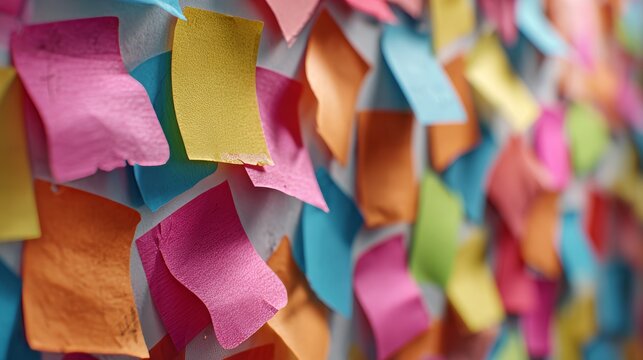 Close-up of wall plastered with overlapping, colorful sticky notes; selective focus on some notes