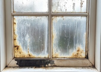 Old window with frosted glass covered in rust and mold showing signs of decay and neglect