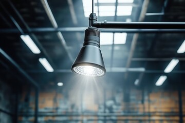 modern industrial ceiling spotlight illuminating dim warehouse interior with metal beams and skylights