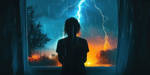 Silhouette of a person standing inside by a window watching a vibrant thunderstorm with visible lightning and heavy rain during sunset