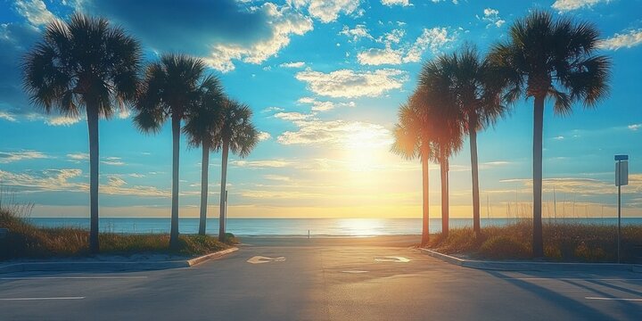 Sunset over the ocean viewed from a beach parking lot lined with tall palm trees casting long shadows on the pavement under a partly cloudy sky