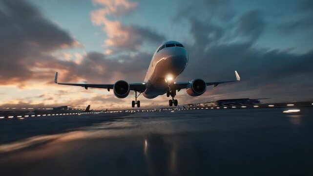 Taking Off: An airplane soars towards the open sky, an emblem of global travel, set against the backdrop of a dawn with streaks of color.