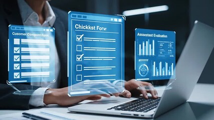 Business professional working on laptop with virtual screen interface in office - Powered by Adobe