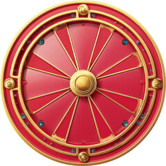 Obraz premium Red shield, gold rim, round emblem, glossy surface, radial spokes, heroic vibe