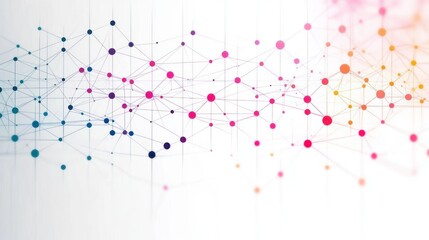 Abstract network of interconnected colorful nodes and lines forming a web-like structure on a white background conveying complexity and connectivity