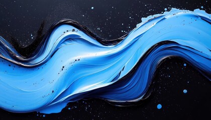 Dynamic flowing thick blue and black paint strokes on a dark background evoking motion and fluidity