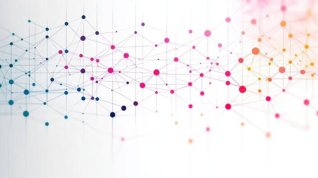Abstract network of interconnected colorful nodes and lines forming a web-like structure on a white background conveying complexity and connectivity