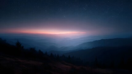 Obraz premium Twilight mountain landscape bathed in soft gradient light with a starry night sky overhead and atmospheric mist