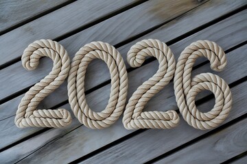 Obraz premium The Year 2026 Spelled out in Nautical Rope on Wooden Boards