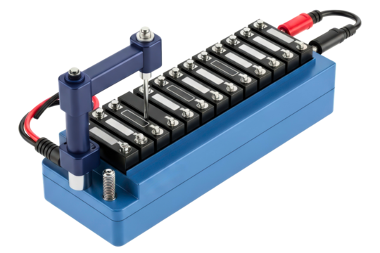 Battery cell capacity testing machine with a contact probe on a transparent background