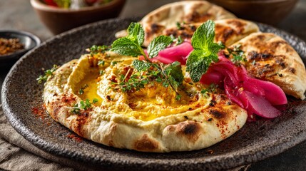 Creamy hummus on toasted flatbread, garnished with pickled onions, mint, and spices. Other flatbread sits nearby
