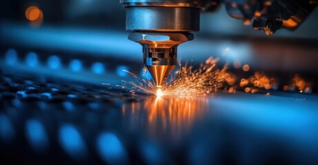 Close-up of a laser cutting machine producing bright sparks while engraving metal in a high-tech industrial setting with blue ambient lighting