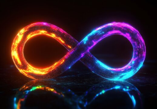 Glowing infinity symbol with vibrant orange and blue neon lights on a dark reflective surface conveying limitless potential and futuristic technology