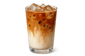 Iced coffee latte in glass with milk and coffee swirling, refreshing cold drink, summer caffeine beverage with ice cubes